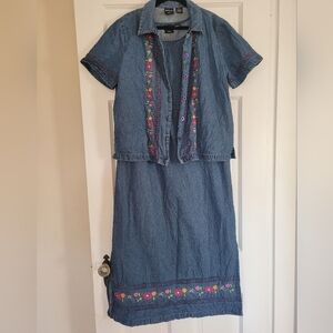 Vintage 90s Erika Denim Dress set with Embroidered Flowers Size M